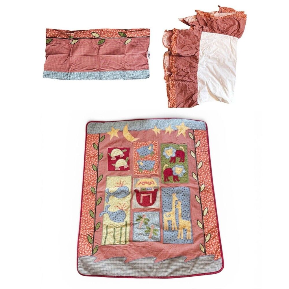 Vintage 2005 Rare Noah’s Arc Nojo Baby Nursery Set Quilt Bedskirt Valance Red